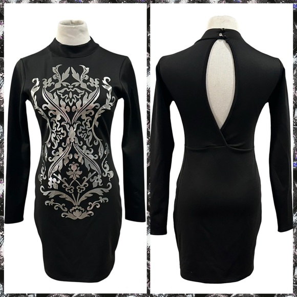 Forever 21 Dresses & Skirts - Forever 21 Black & Silver Metallic Filagree Long Sleeve Midi Dress - Size Medium